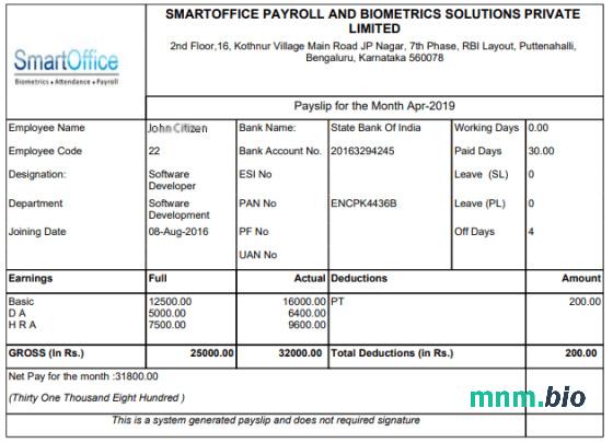 Indie SMARTOFFICE i Biometrics Solutions Private Limited Payroll w formatach Word i PDF